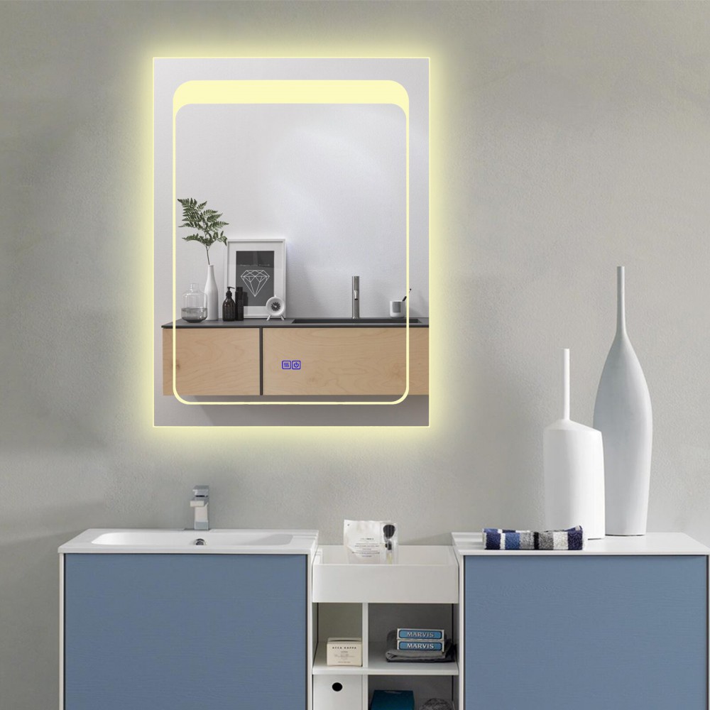 Oglindă modernă și elegantă, cu o formă unică a iluminării LED frontale