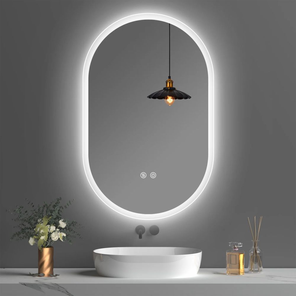 Aceasta este o oglindă de machiaj iluminată ovală care evidențiază moda și luxul